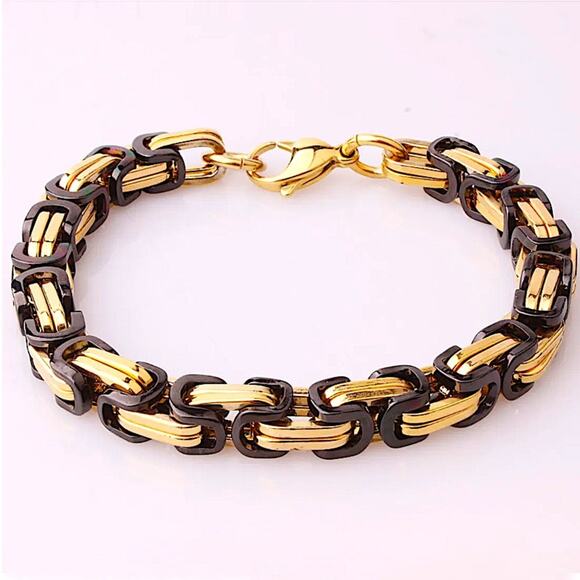 STAINLESS STEEL BYZANTINE MECHANIC SILVER BLACK BIKER BRACELET GOLD BLACK - Picture 2 of 7